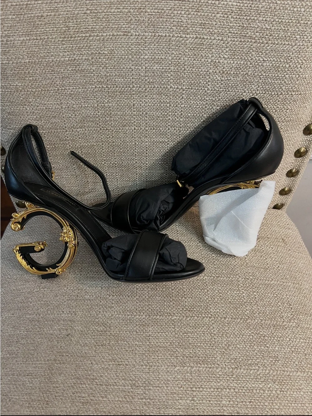 Dolce & Gabbana Black Leather Sandals with Ornate Gold Scroll Heels